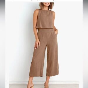 🤎 ANRABESS 2-Piece Linen Blend Crop Top & Wide Leg Pants Set | Brown | Size M
